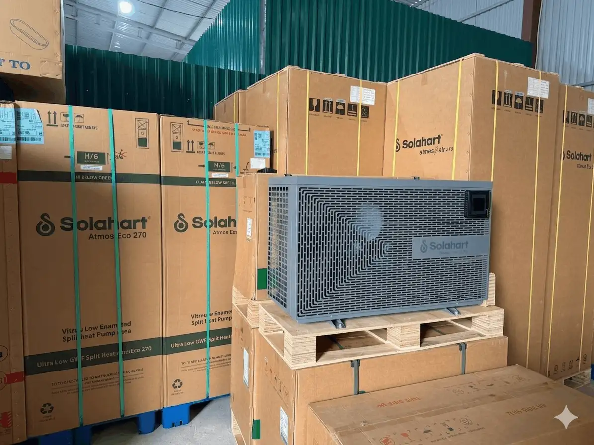 ận cảnh máy nén bơm nhiệt Solahart Atmos Eco Split 320L sử dụng Gas R290 vận hành siêu êm